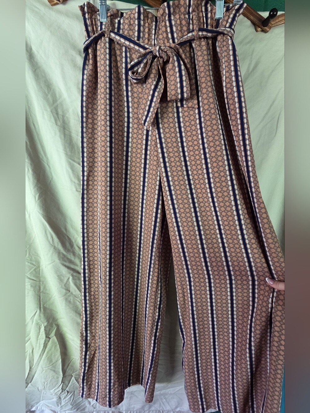 Wide-Leg Paperbag Waist Pants in Navy Stripe